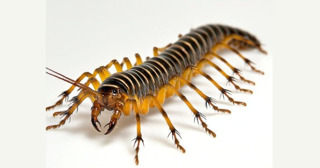 The body of a house centipede measuring 1 inch in length.