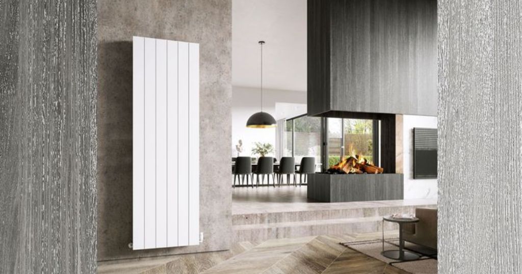 Vertical Designer Radiator in a Modern Kitchen that is 69 inches tall