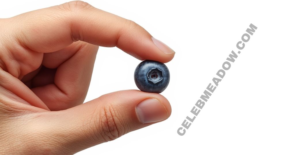 fingers pinching a blueberry showing approximately 1 inch gap