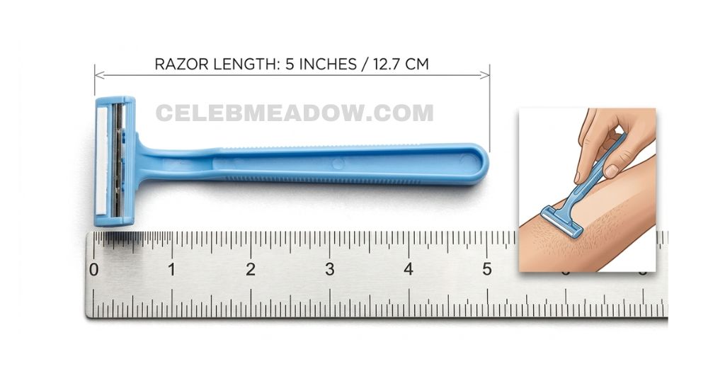 A classic disposable razor measuring 5 inches from blade head to handle base, shown against a ruler