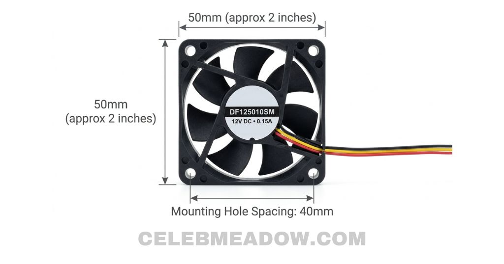 Small CPU cooling fan (50mm) measuring 2 inches long