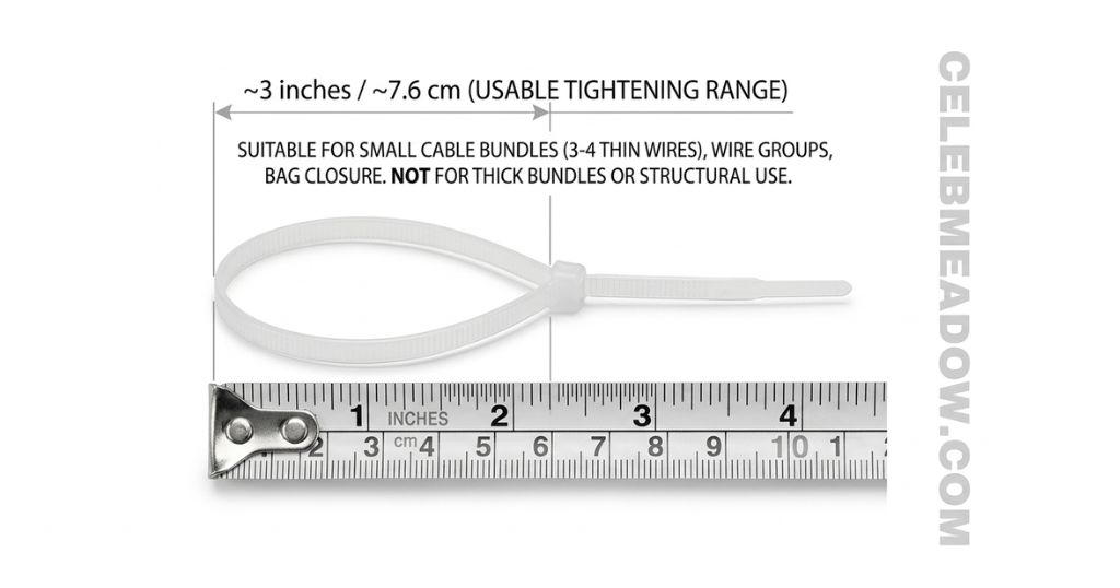 Small 3-inch zip tie cinched around a thin cable bundle showing usable tightening length.