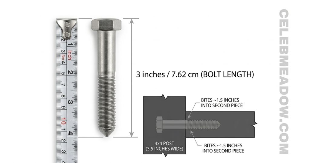Standard 3-inch furniture bolt measuring 3 inches long