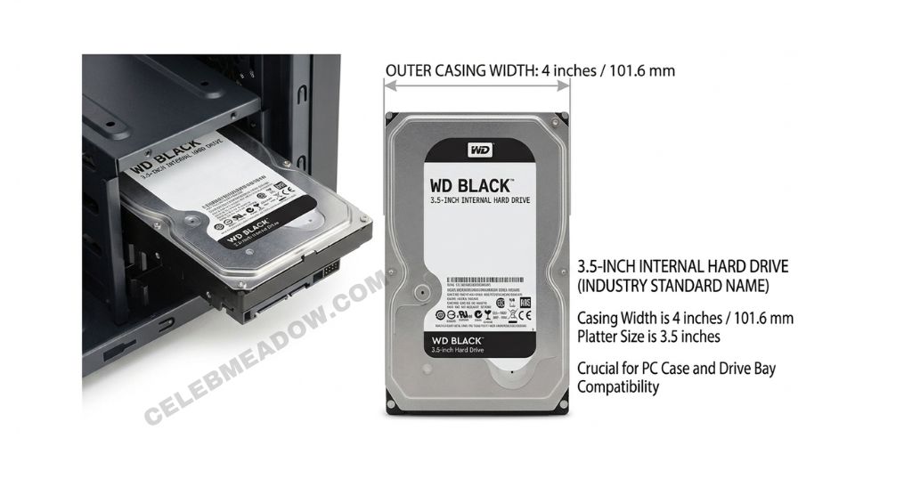 Desktop HDD with casing width labeled at 4 inches (101.6mm), shown inside a PC drive bay