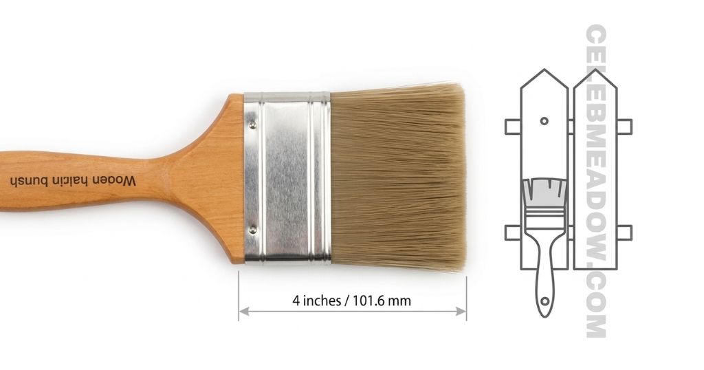 A 4-inch wide flat paint brush laid flat on a wooden surface showing full bristle width