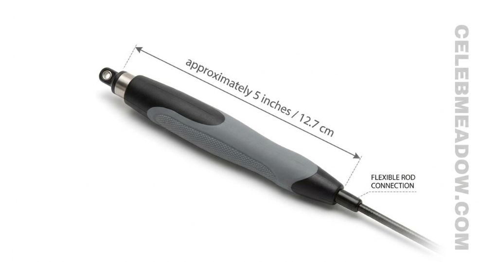 The handle section of a cat wand toy measuring approximately 5 inches before the flexible rod begins