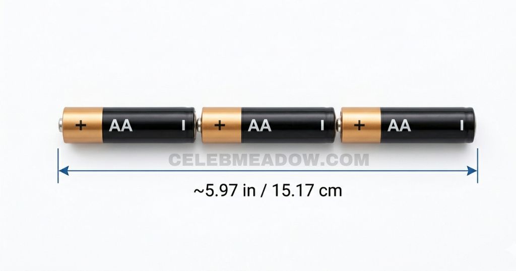 Three AA batteries placed end to end on a white surface showing a combined length near 6 inches