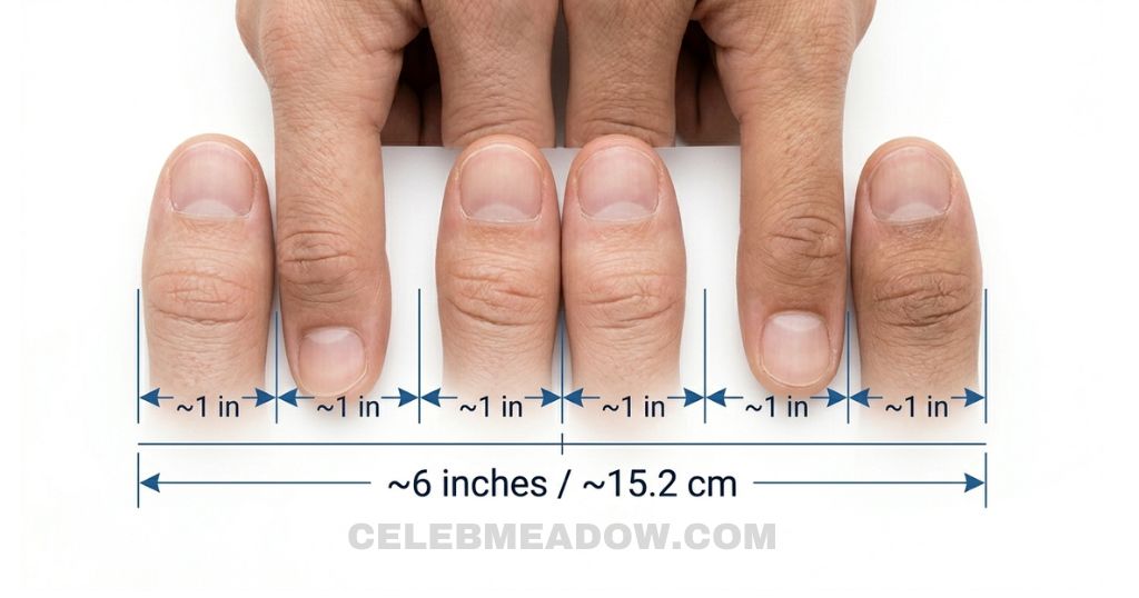 Six adult thumbs placed side by side showing a combined approximate width of 6 inches
