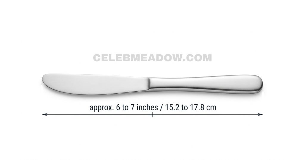 A standard butter knife on a wooden surface measuring between 6 and 7 inches long