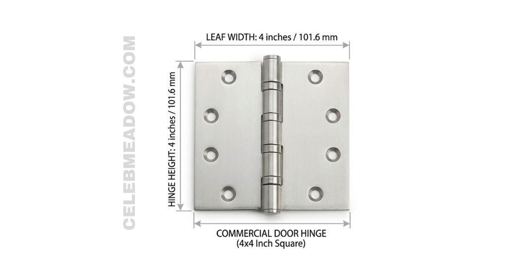 A 4-inch by 4-inch heavy-duty square commercial door hinge mounted on a dark wood door frame