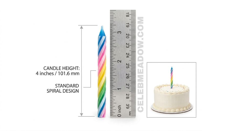 A standard spiral birthday candle standing upright next to a ruler showing 4 inches in height