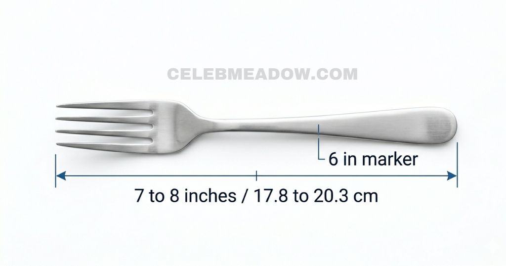 A standard dinner fork lying flat on a table showing its 7 to 8-inch total length with the 6-inch point marked