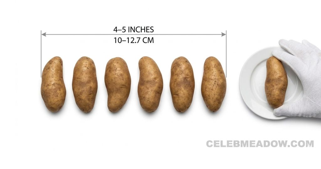 A row of fingerling potatoes commercially sorted to 4–5 inches in length on a kitchen counter