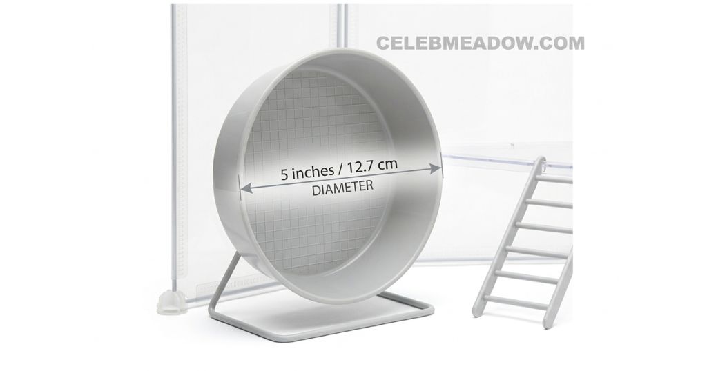 A flying-saucer style hamster exercise wheel at 5 inches in diameter sitting inside a modular cage