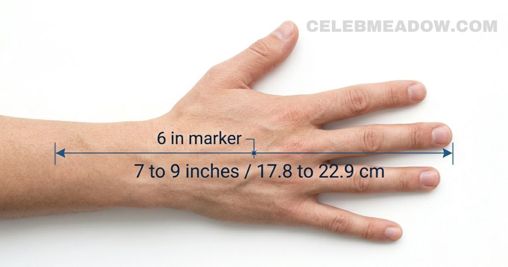 An adult hand spread wide showing a hand span of 7 to 9 inches with a 6-inch marking indicated between the thumb and middle finger