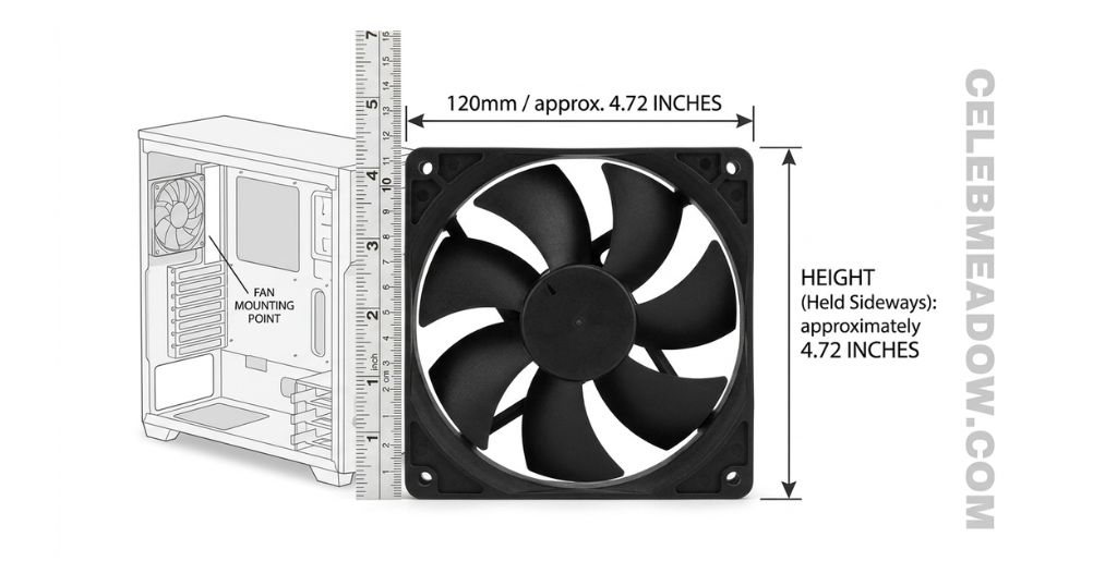 A 120mm PC case fan next to a ruler showing it measures approximately 5 inches across