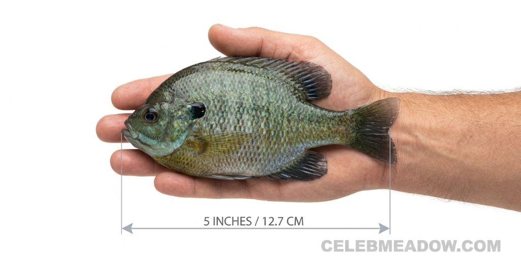 A 5-inch bluegill fish held in hand to show its length against open fingers, outdoor fishing setting