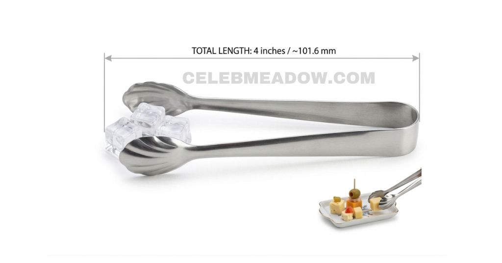 Small 4-inch stainless steel mini serving tongs used for ice cubes or appetizers on a white background