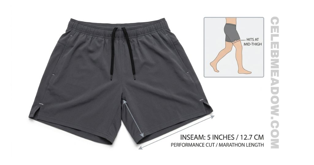 A pair of athletic running shorts laid flat showing a 5-inch inseam measurement