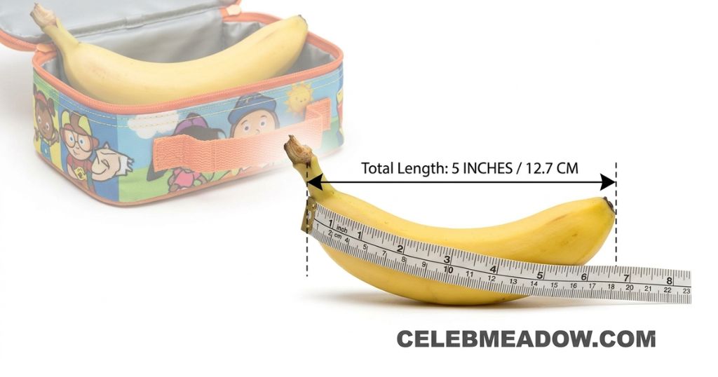 A small banana measuring approximately 5 inches long placed on a kitchen counter for scale