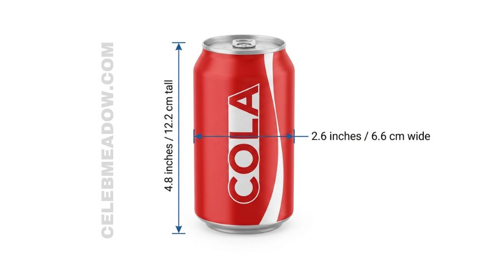 A standard 12 oz aluminum soda can standing upright showing its 4.8-inch height and 2.6-inch diameter for size comparison