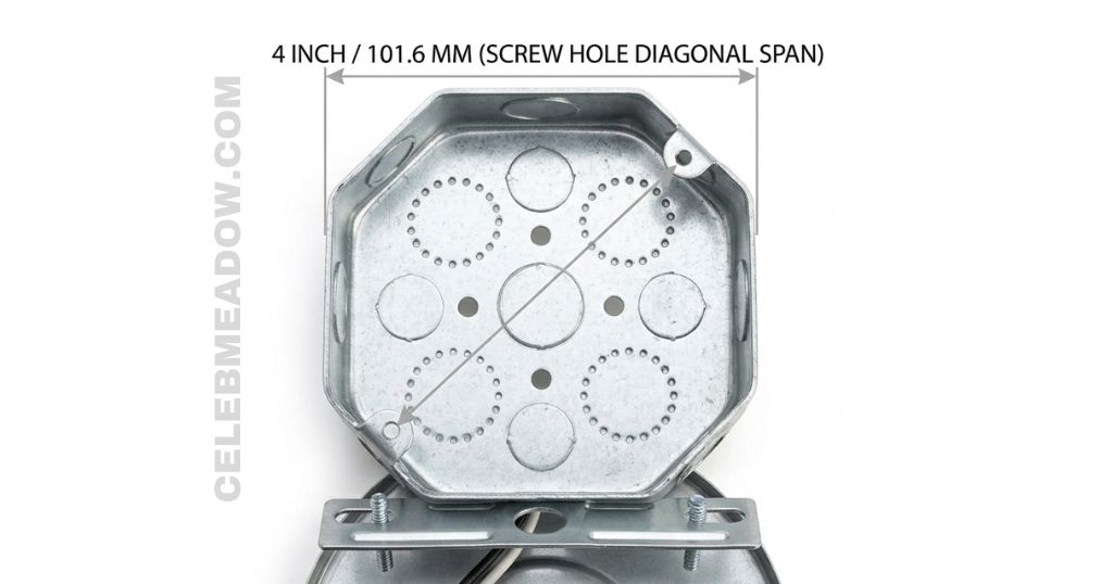 Metal electrical octagon ceiling box showing 4-inch diagonal distance between mounting screw holes