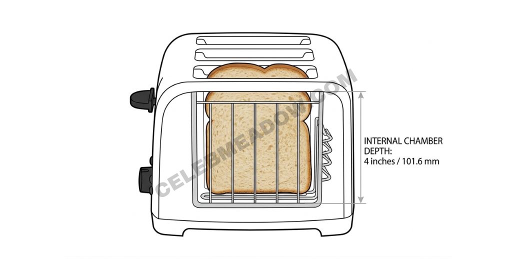 Side cross-section view showing 4-inch internal chamber depth of a standard kitchen toaster