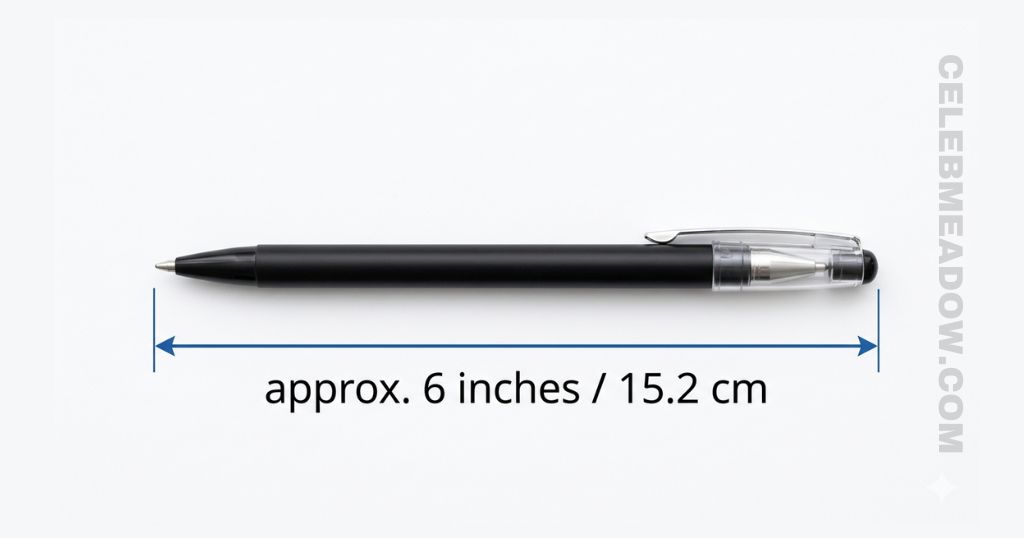 A standard ballpoint pen shown at full length, approximately 5.9 to 6 inches, next to a ruler