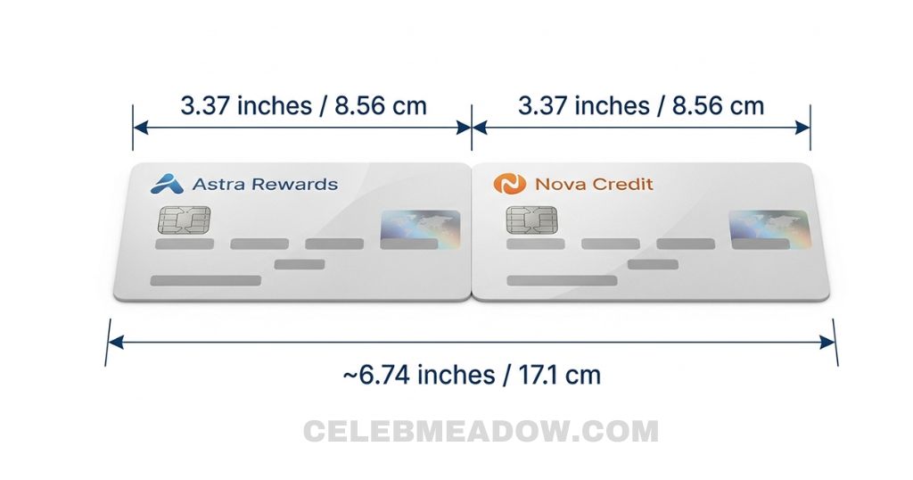 Two credit cards placed end-to-end along their 3.37-inch length to show a combined 6.74-inch span near 6 inches
