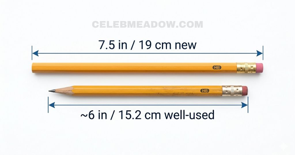 A used pencil sharpened to approximately 6 inches in length next to a ruler for comparison