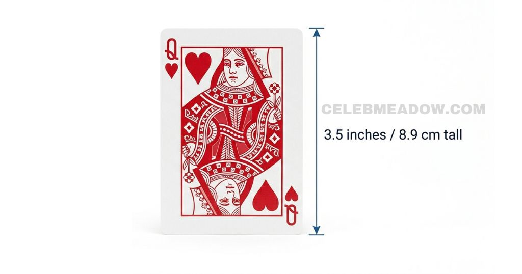 A standard playing card standing upright showing its 3.5-inch height, with two cards side by side representing close to 6 inches