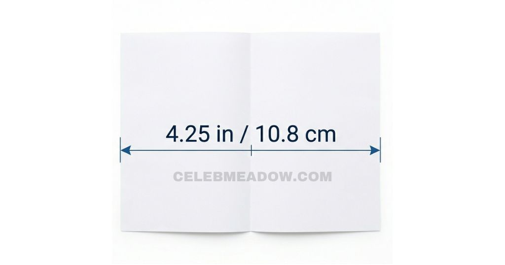 A standard 8.5x11 inch sheet of paper folded in half along its width showing the 4.25-inch half compared to 6 inches