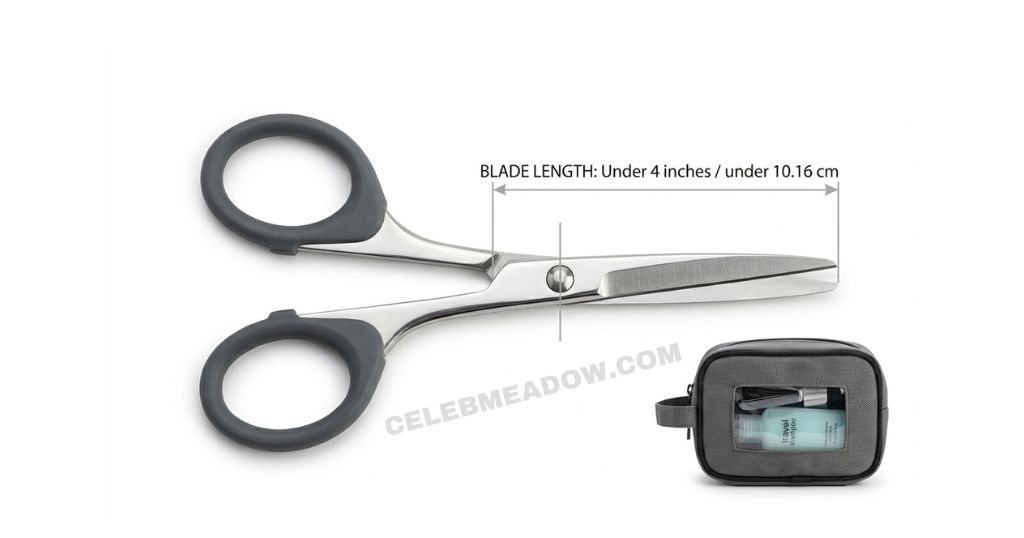 Small grooming scissors with blade measuring exactly 4 inches from pivot point to tip for TSA carry-on compliance