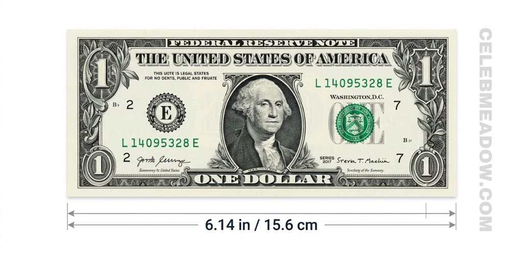 US dollar bill lying flat showing its 6.14-inch length as a reference for 6 inches