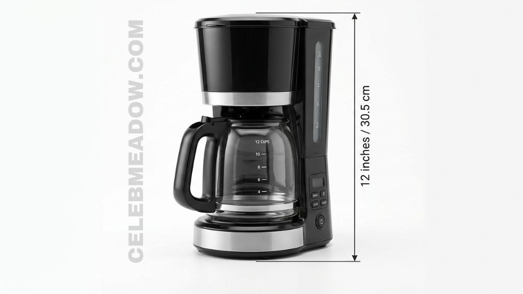 Standard 12-cup drip coffee maker standing approximately 12 inches tall on a kitchen counter