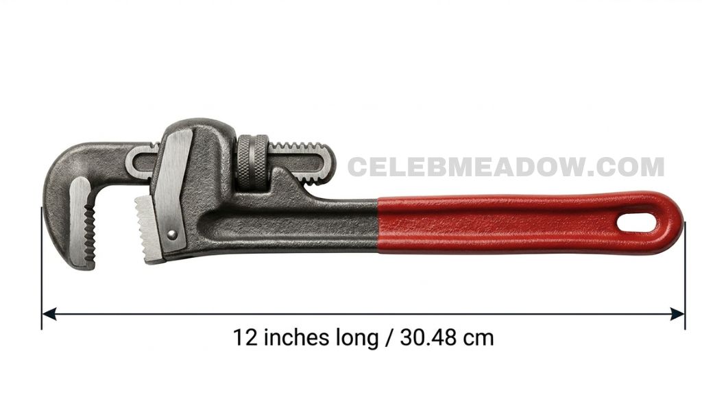 12-inch pipe wrench lying flat, showing full length from jaw to handle end