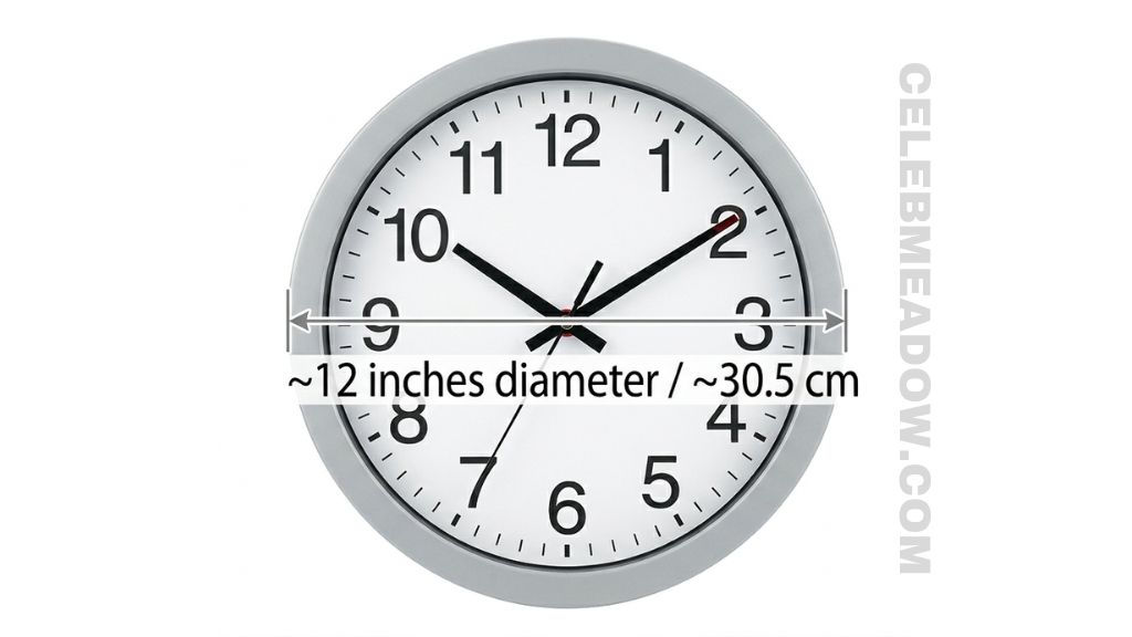 Round 12-inch wall clock hanging on a wall, showing full diameter measurement