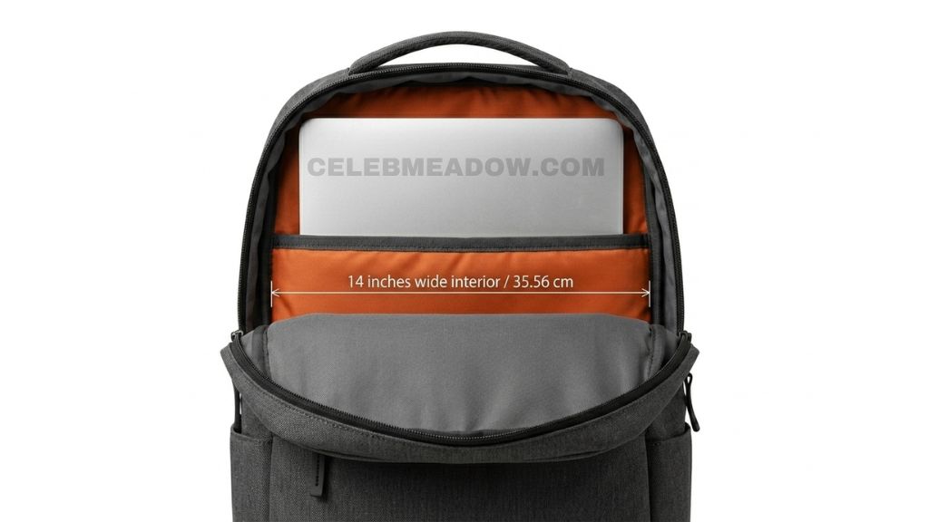 Open laptop backpack showing padded interior sleeve measuring 14 inches wide for laptop compartment