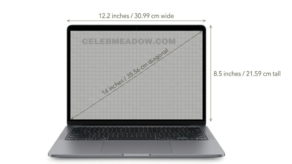 14-inch laptop screen shown with diagonal measurement line from corner to corner, approximately 14 inches long