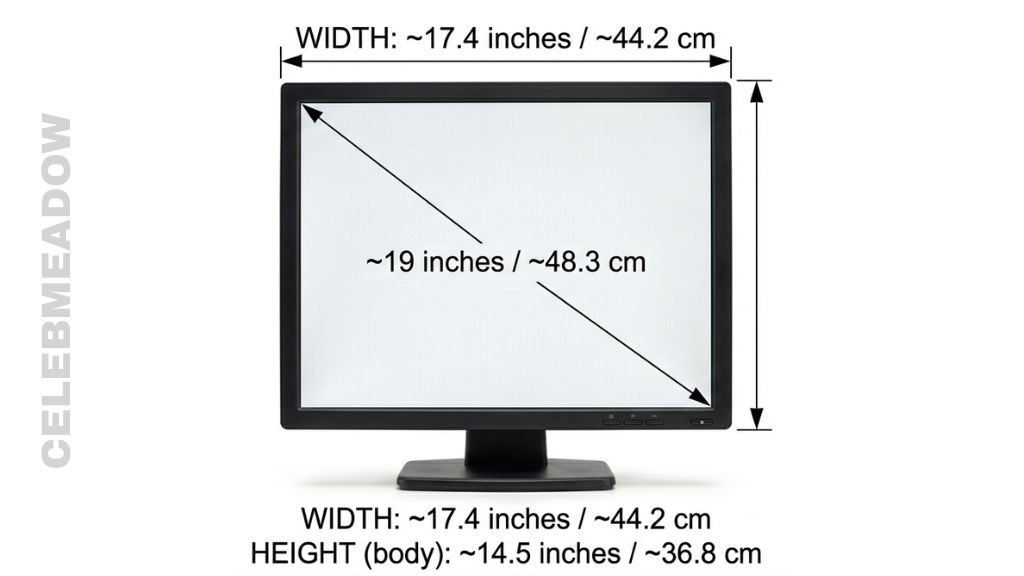 Square-shaped 19-inch computer monitor with a diagonal measurement arrow showing exactly 19 inches from corner to corner
