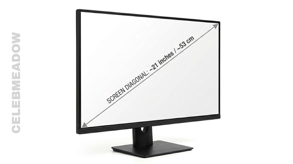 A 21-inch desktop computer monitor showing the diagonal screen measurement from corner to corner