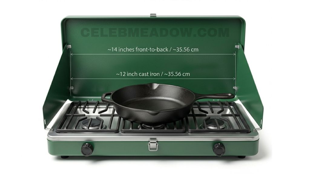 Portable 3-burner propane camping stove with cooking grate showing 14-inch long front-to-back depth measurement