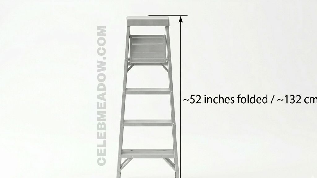 Standard 4-step folding stepladder shown collapsed and measured at approximately 52 inches in total folded length