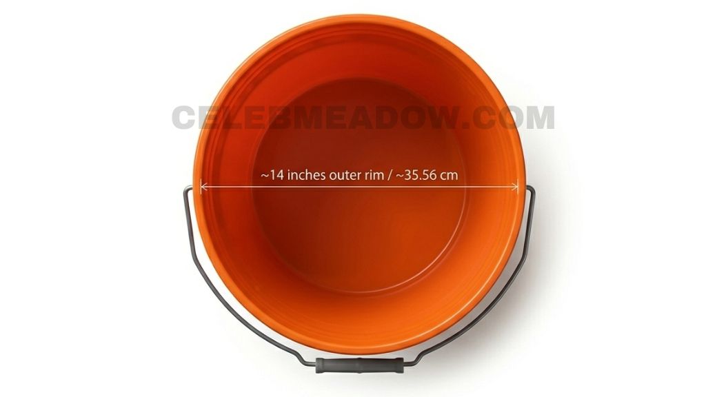 Standard orange 5-gallon plastic bucket viewed from above showing outer rim diameter of approximately 14 inches
