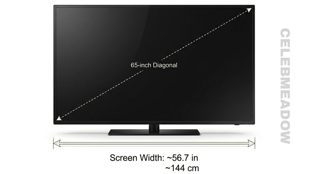 A 65-inch flat screen TV mounted on a wall showing its horizontal width of approximately 56.7 inches