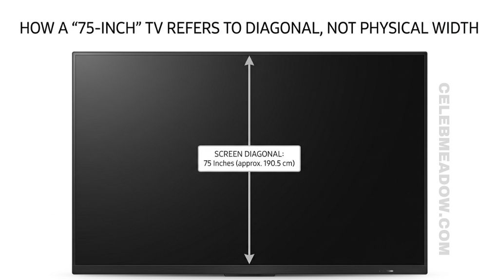 A 75-inch class television mounted on a wall showing approximately 64-inch physical width
