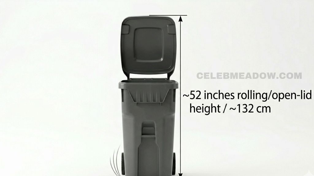 Large 96-gallon municipal curbside trash can tilted back on wheels showing approximately 52-inch rolling clearance envelope