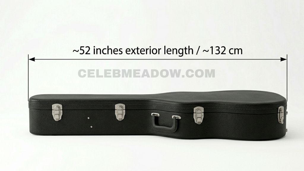 Hard-shell dreadnought acoustic guitar case measuring 52 inches in total exterior length on a flat surface