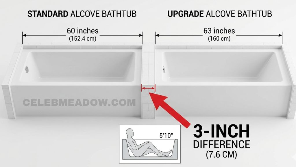 Standard 60-inch alcove bathtub shown beside 63-inch length marker showing 3-inch difference