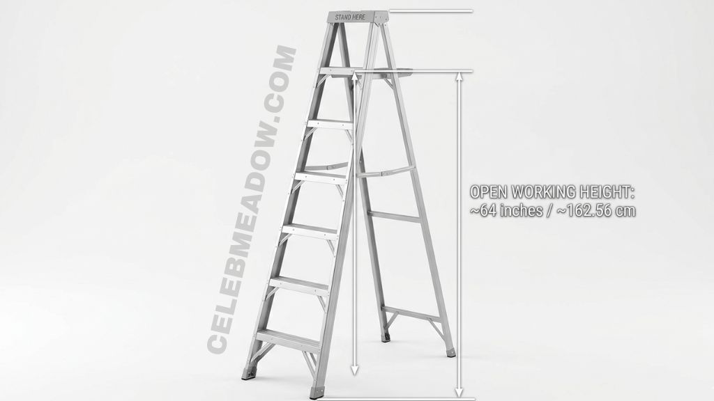 A 10-step aluminum stepladder fully open showing approximately 64-inch tall standing height